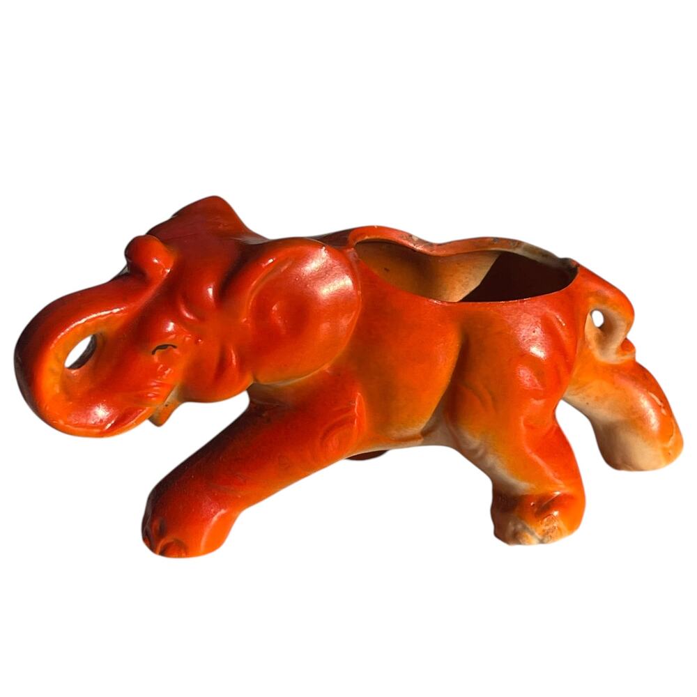 Vintage Japan Elephant Planter Trinket Holder Orange Red Ceramic 5”